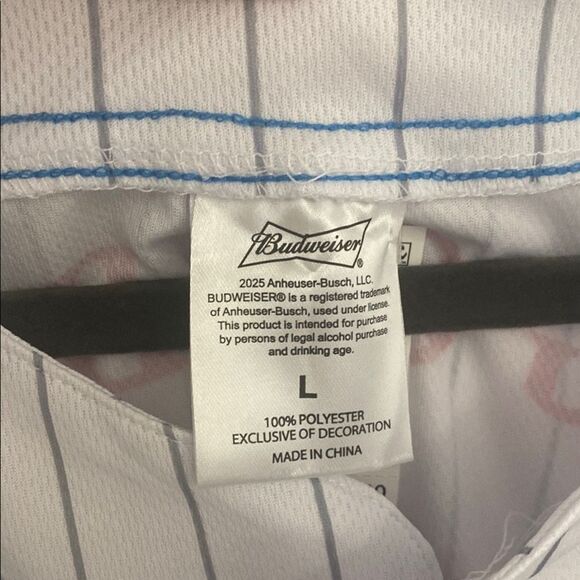 NWT- Budweiser Blue-Trimmed Striped baseball Jersey- Size large - Picture 2 of 10